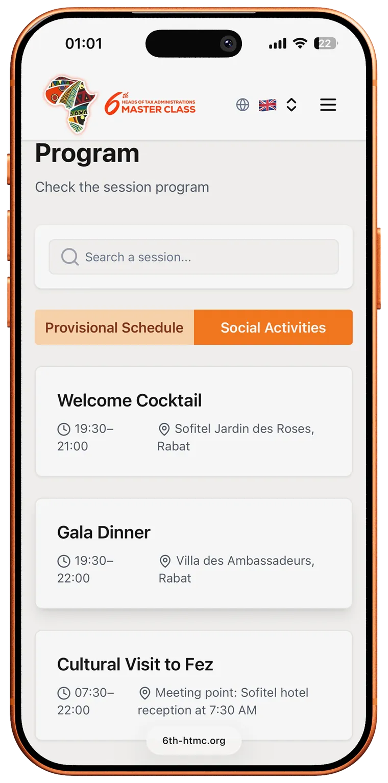 Social activities tab listing welcome cocktail, gala dinner and cultural visit