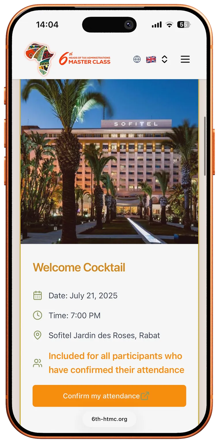 Welcome cocktail event confirmation screen with hotel photo