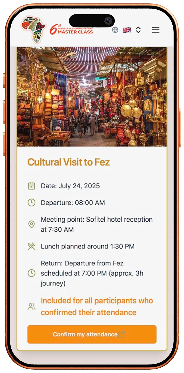 Cultural visit to Fez event confirmation screen with market photo