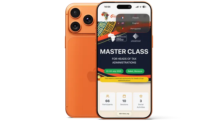 App homescreen shown on both sides of the phone with the language selector open