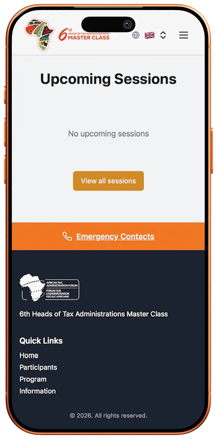 Upcoming sessions state with quick links footer