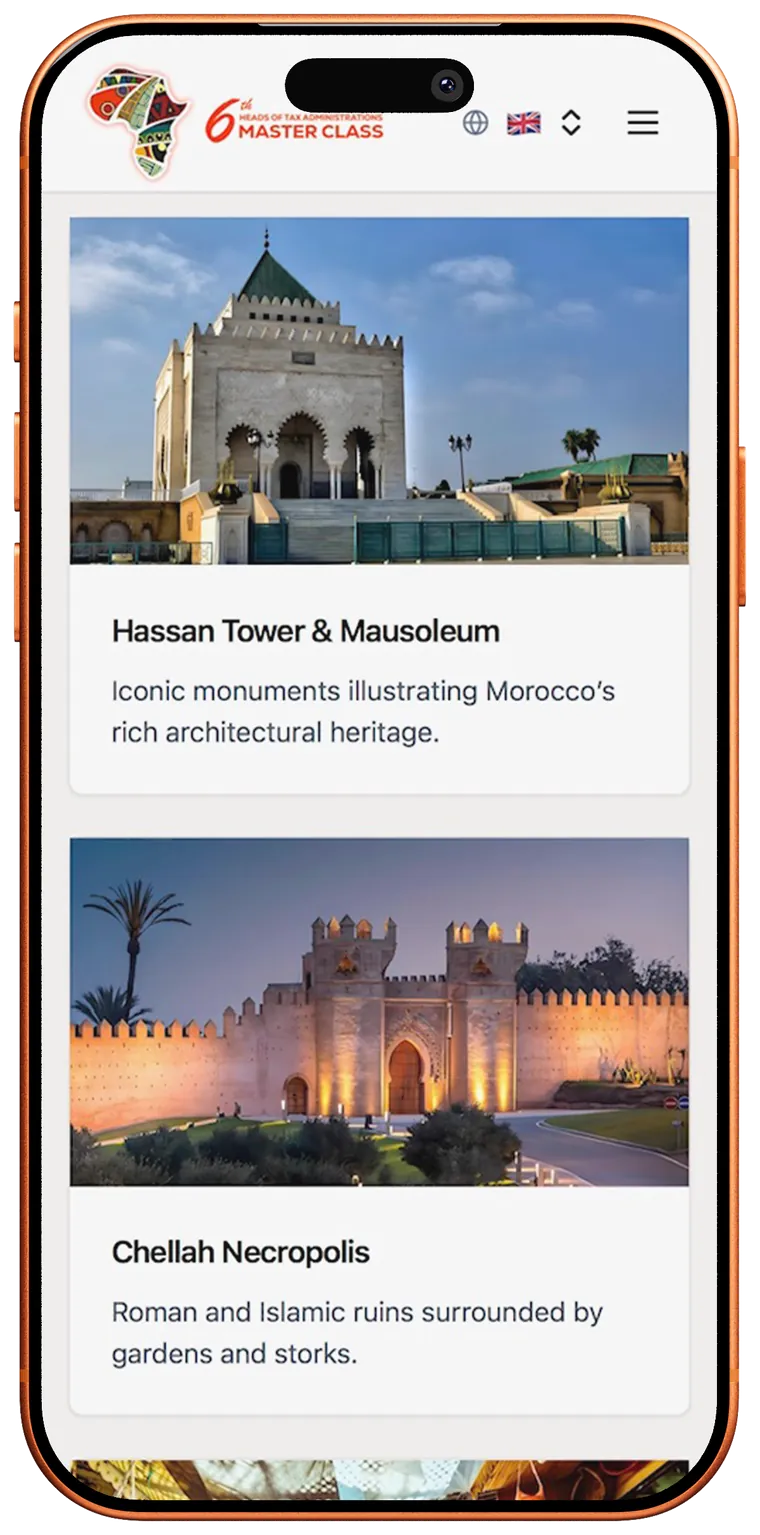 Recommendation cards for Hassan Tower and Chellah Necropolis