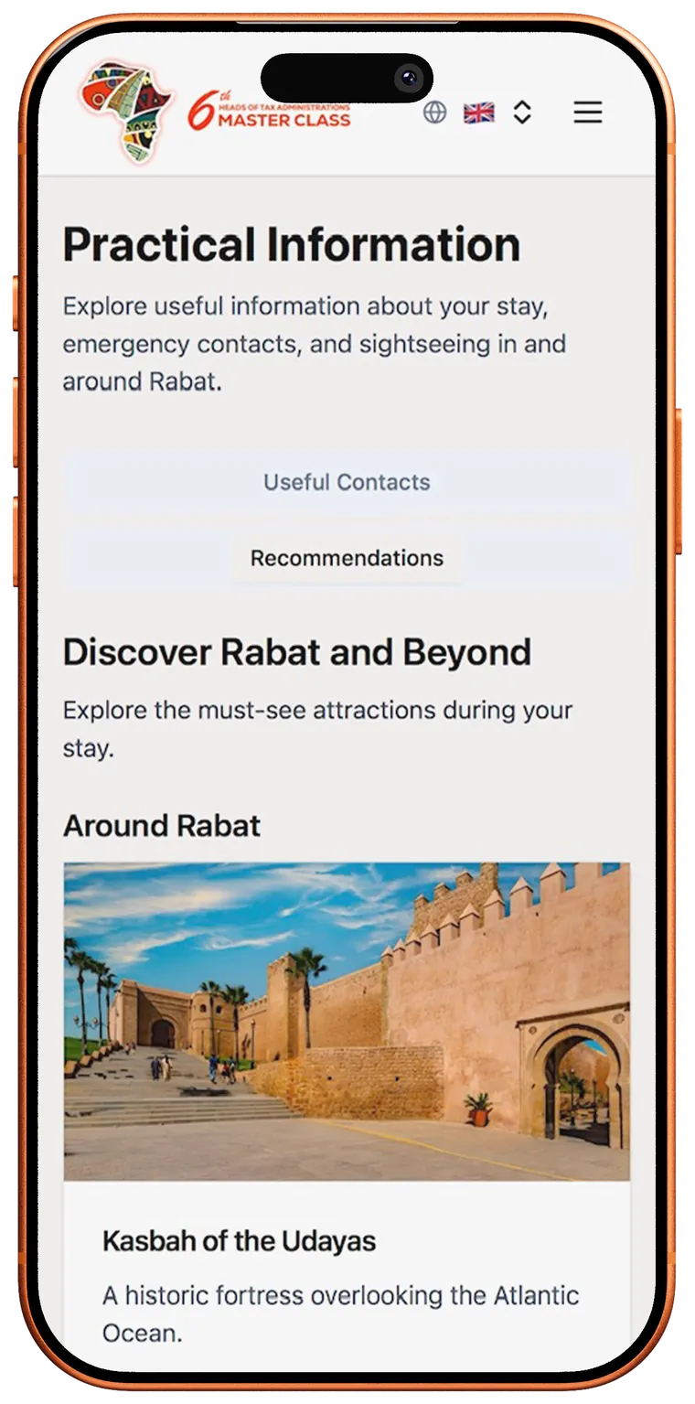 Practical information screen with the Kasbah of the Udayas