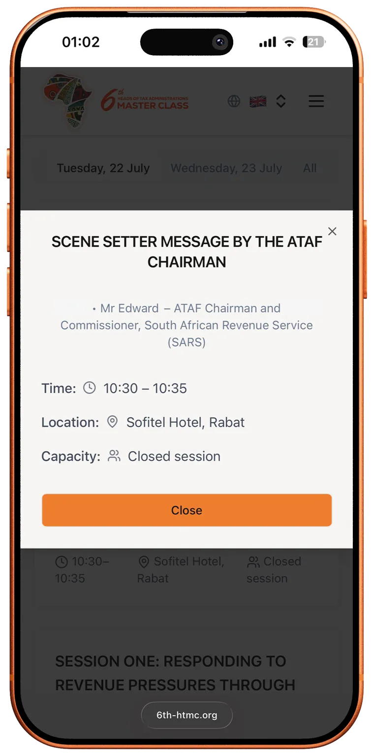 Session detail modal with speaker and location