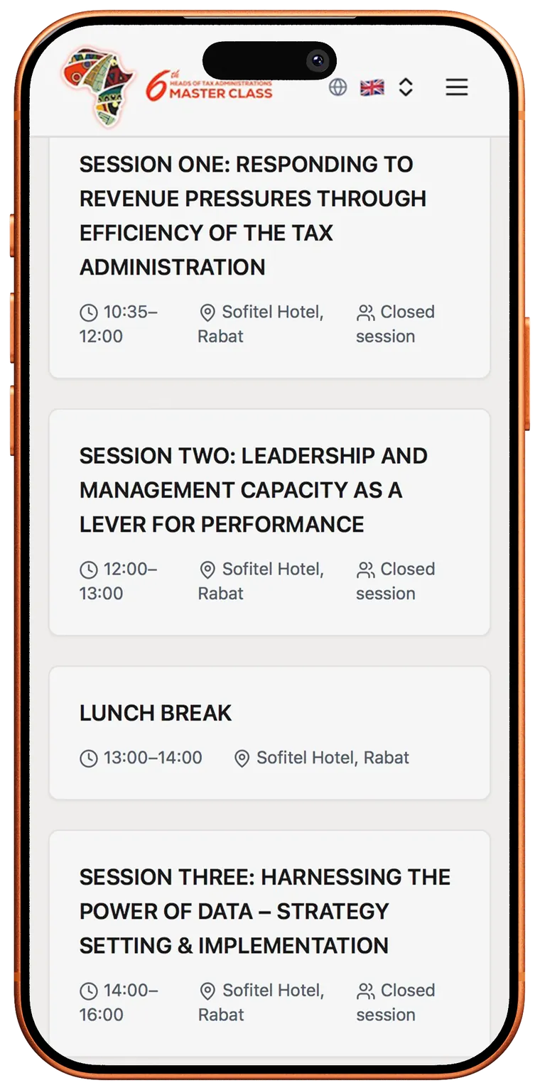 List of session cards with time, location and capacity