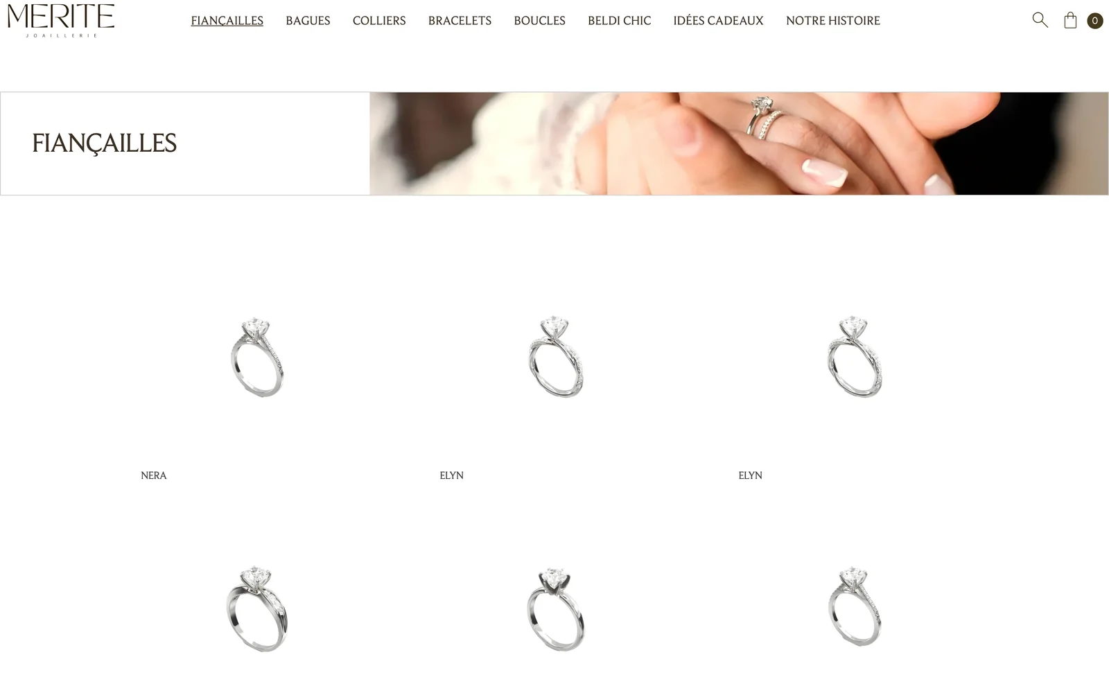 The Fiançailles collection page: a banner, then a grid of solitaire rings on white.