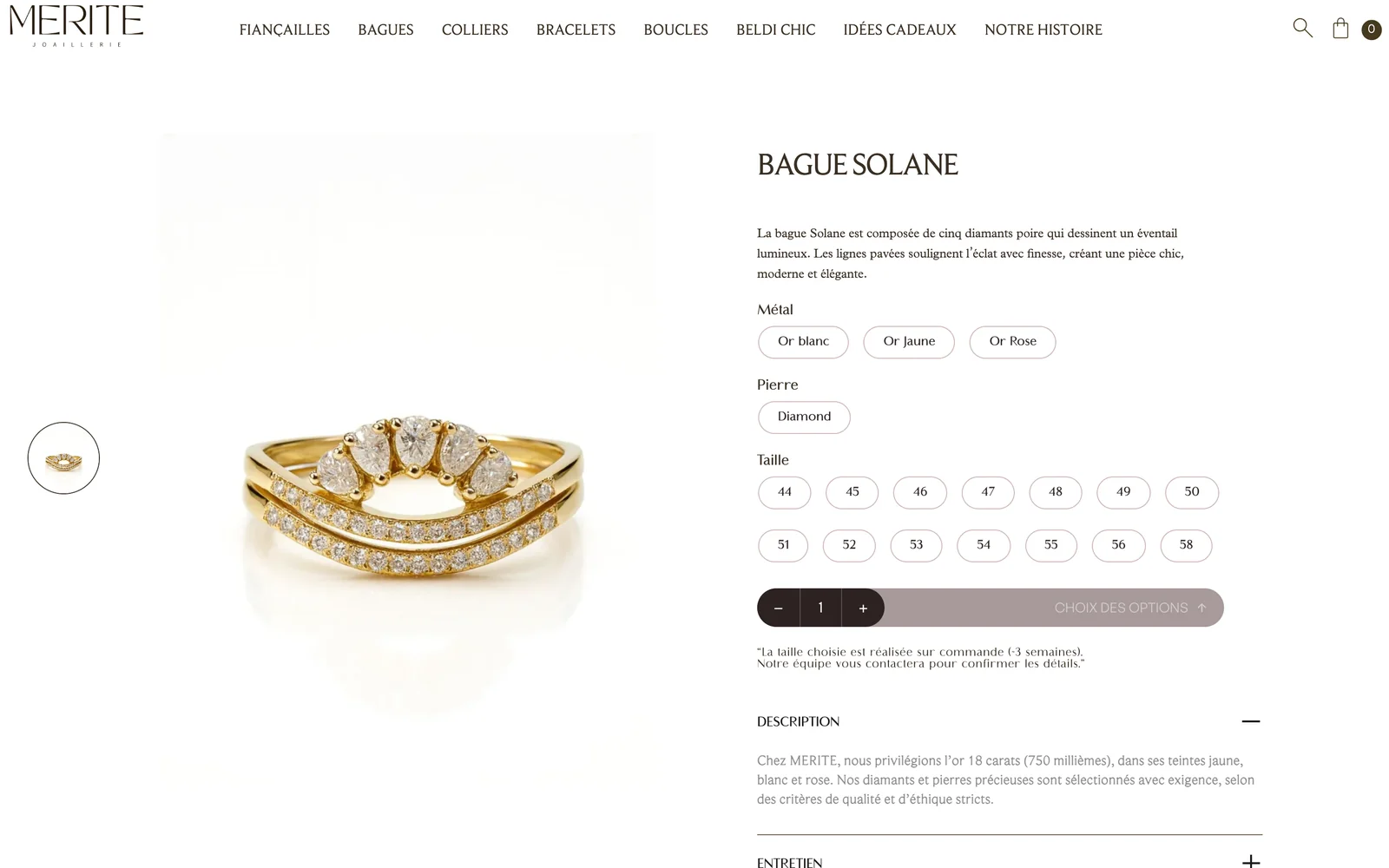 Product page for Bague Solane with metal, stone and size options as pill buttons.