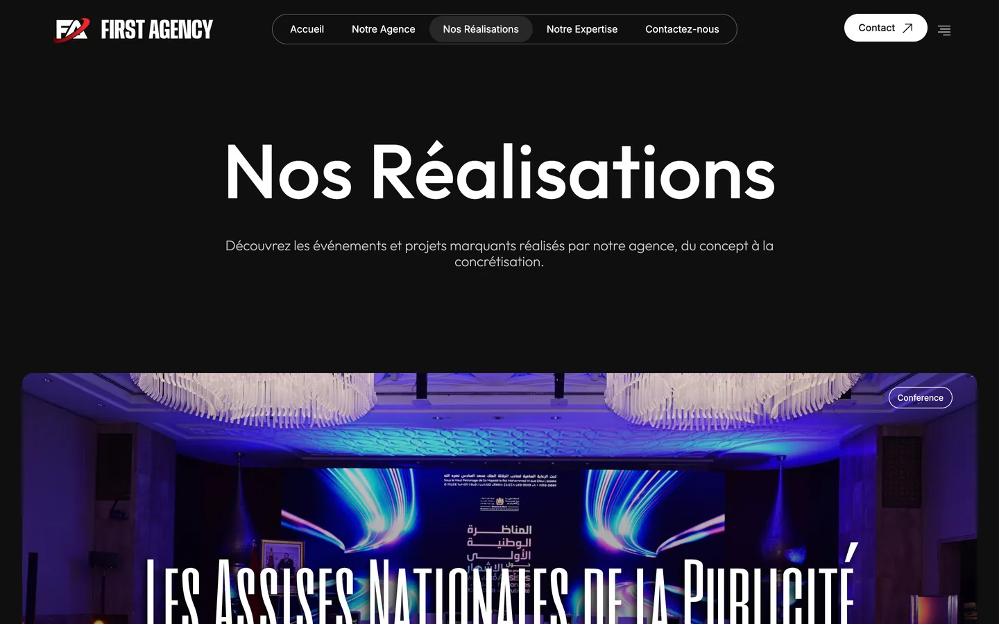 Nos Réalisations page listing events as full-width photographs.