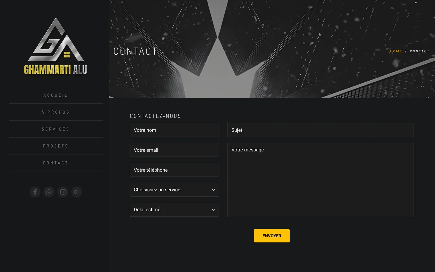 Contact page with a quote form asking for service and estimated timeline.