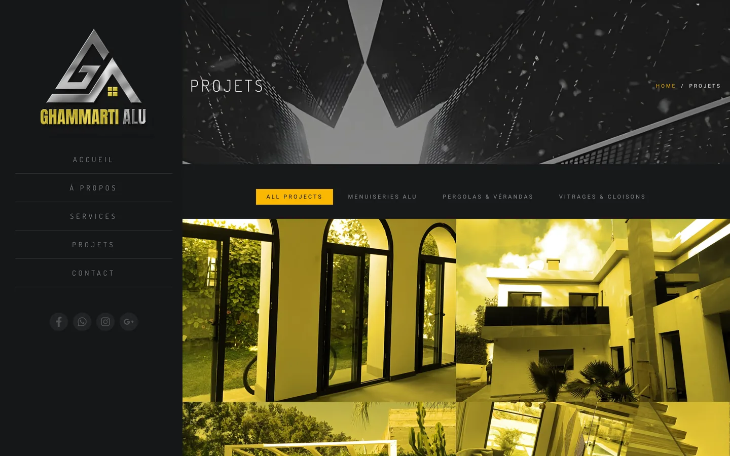 Projets page with filter buttons and a grid of yellow-tinted project photographs.