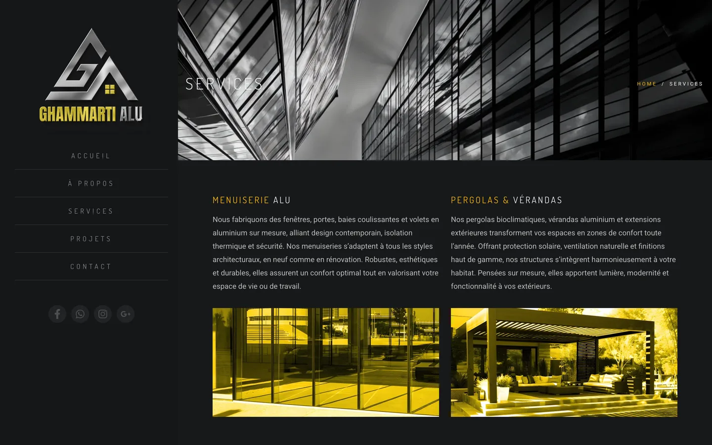 Services page with joinery and pergola sections.