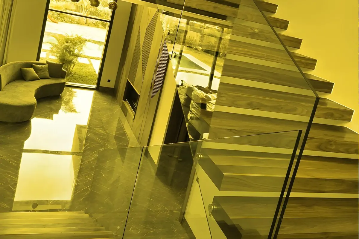 A glass balustrade along a staircase.