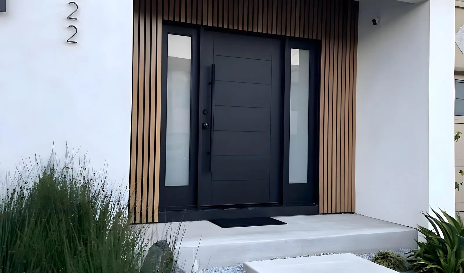 A modern entrance with a black aluminium door and wood cladding.