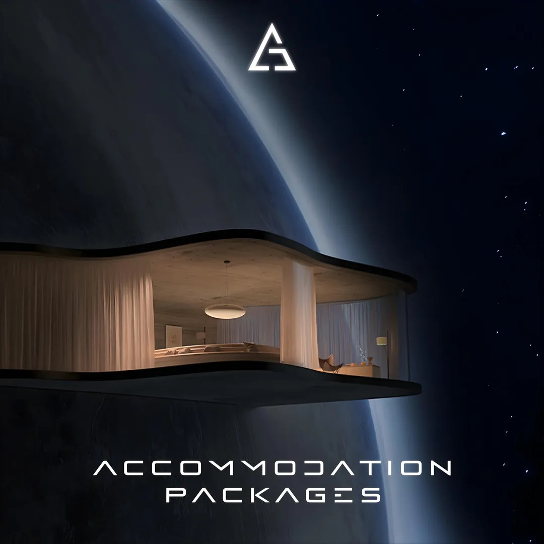 Accommodation packages: a floating glass cabin above a planet.