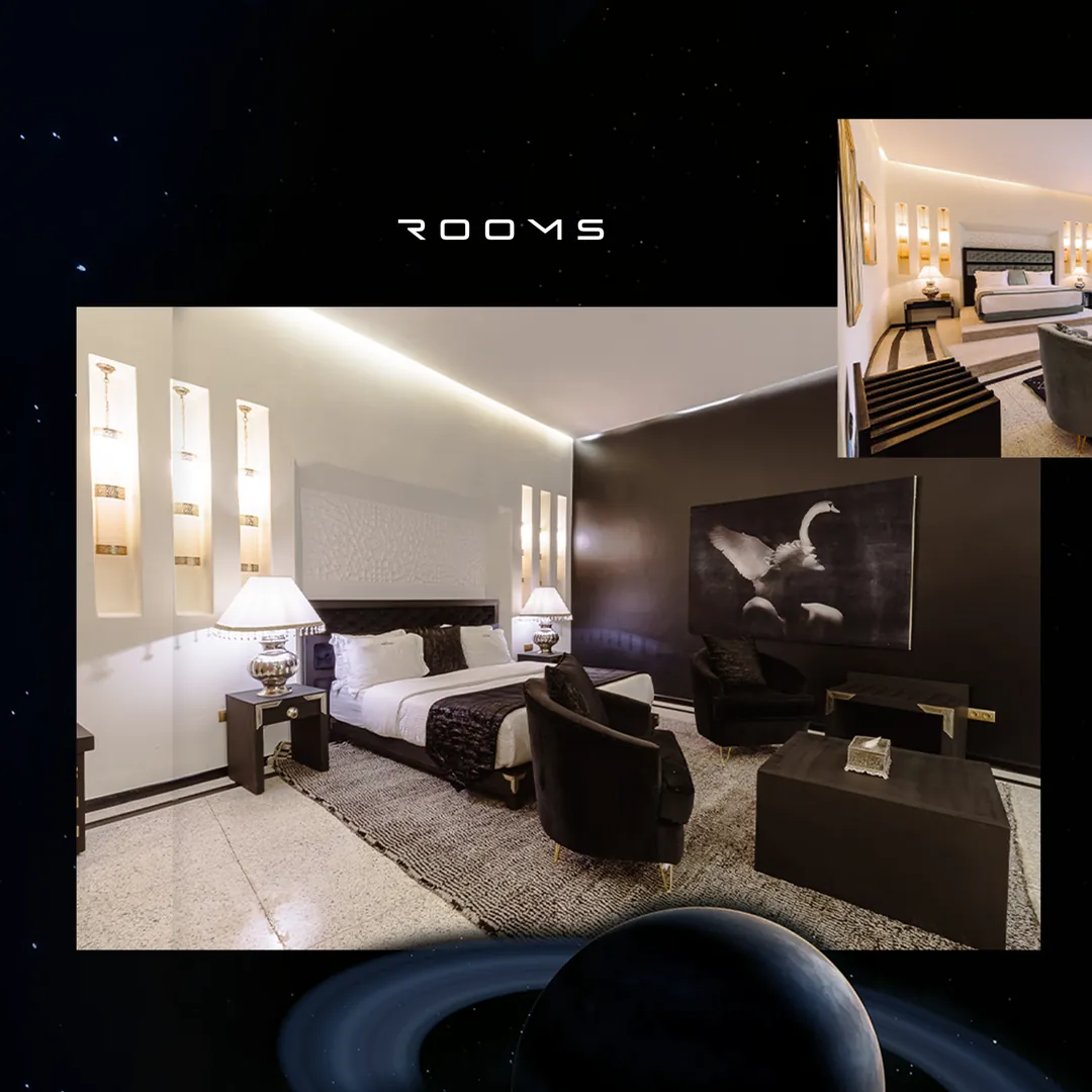 Rooms at the venue, framed in a starfield.