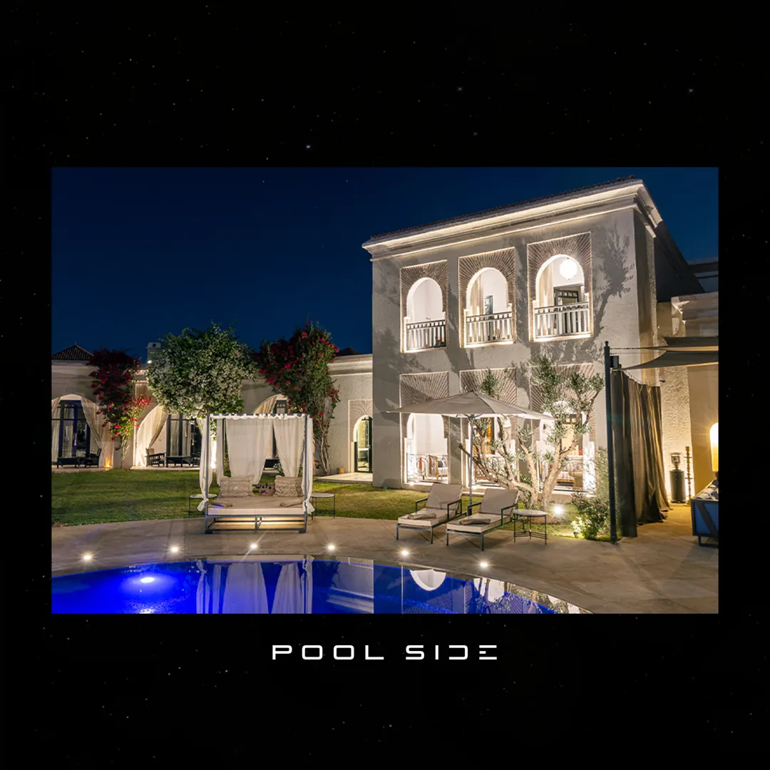 The pool side at night.