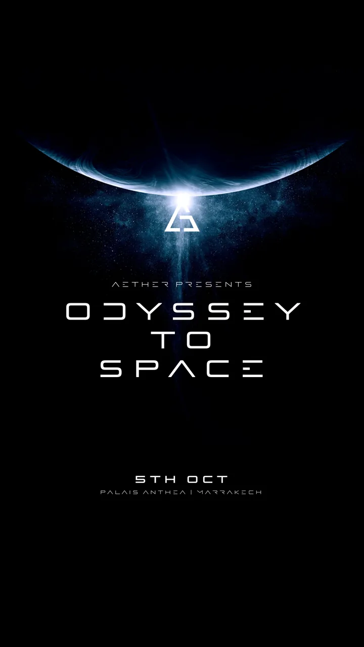 Key visual story: Aether presents Odyssey to Space, 5th Oct, under a planet's glowing edge.