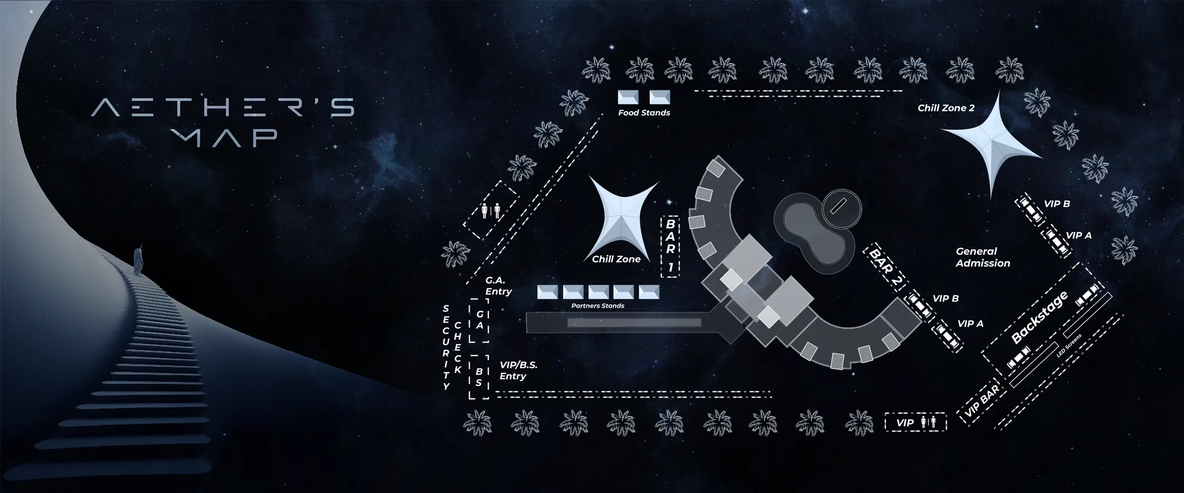 Aether's Map: the festival layout drawn as a technical star chart, showing the stage, VIP areas, general admission, bars and the drone staging area.