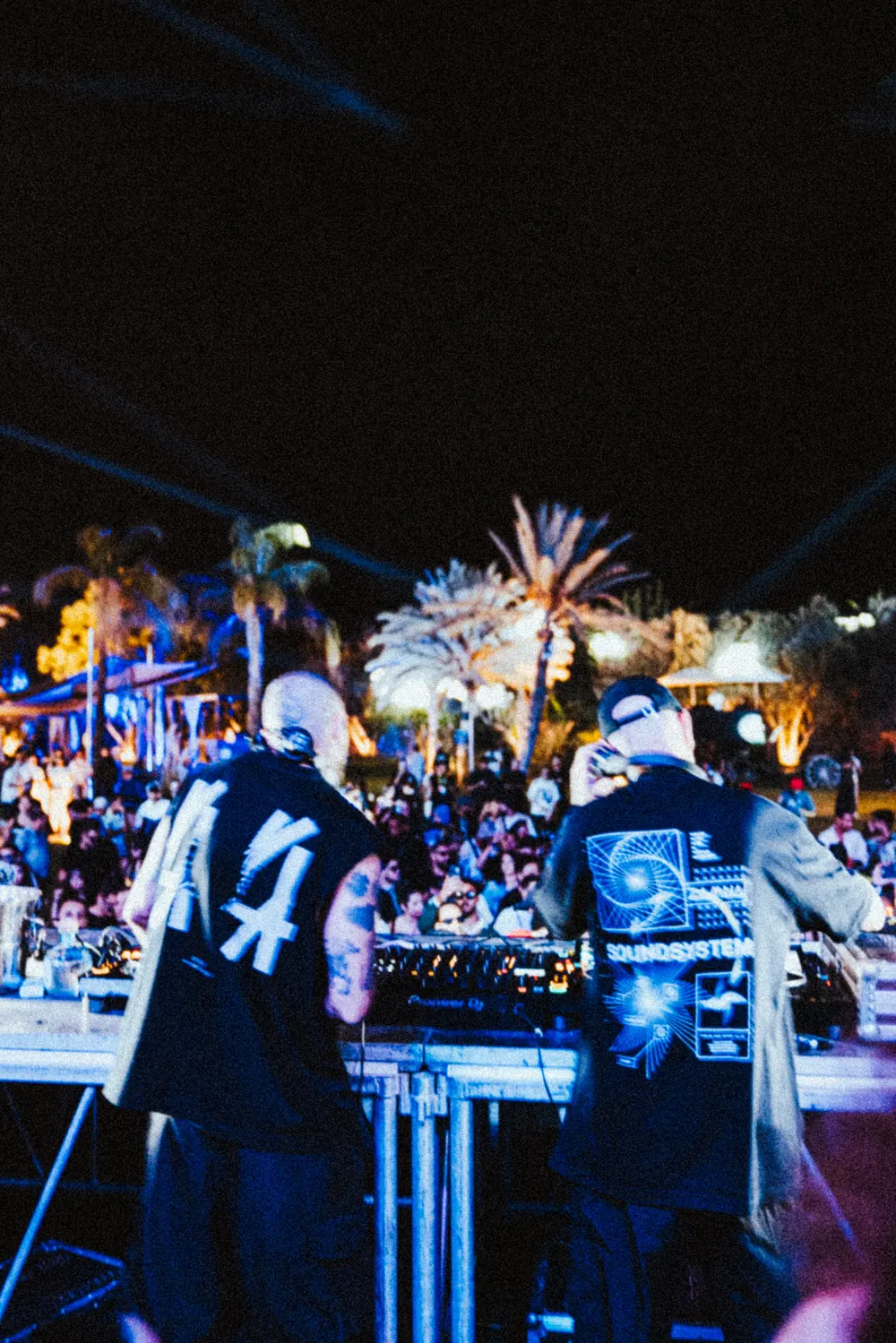 View from behind the booth over the crowd and the palm trees.
