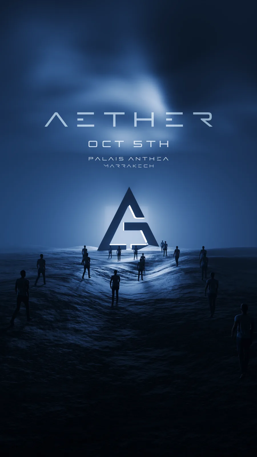 Blender render: the Aether triangle as a monolith in a misty landscape, small figures walking toward it.