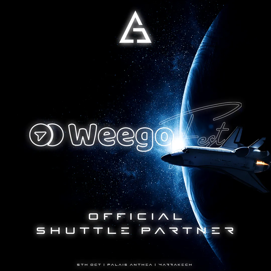 Official shuttle partner Weego, with a space shuttle passing the planet.