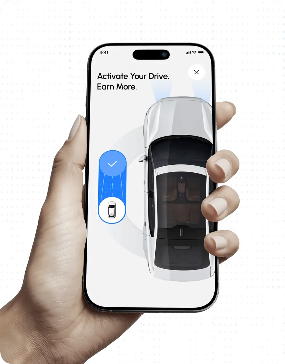 Hand holding a phone showing the WAYZ 'Activate your drive' screen