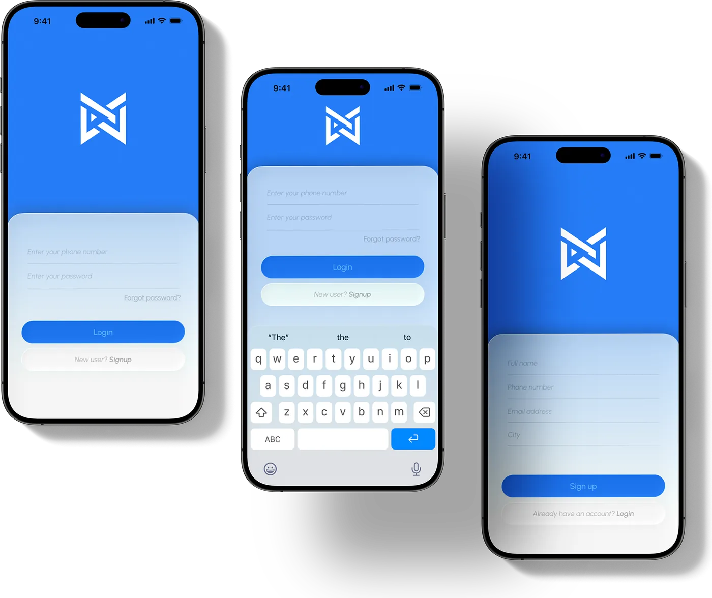 Login, login with keyboard, and signup screens